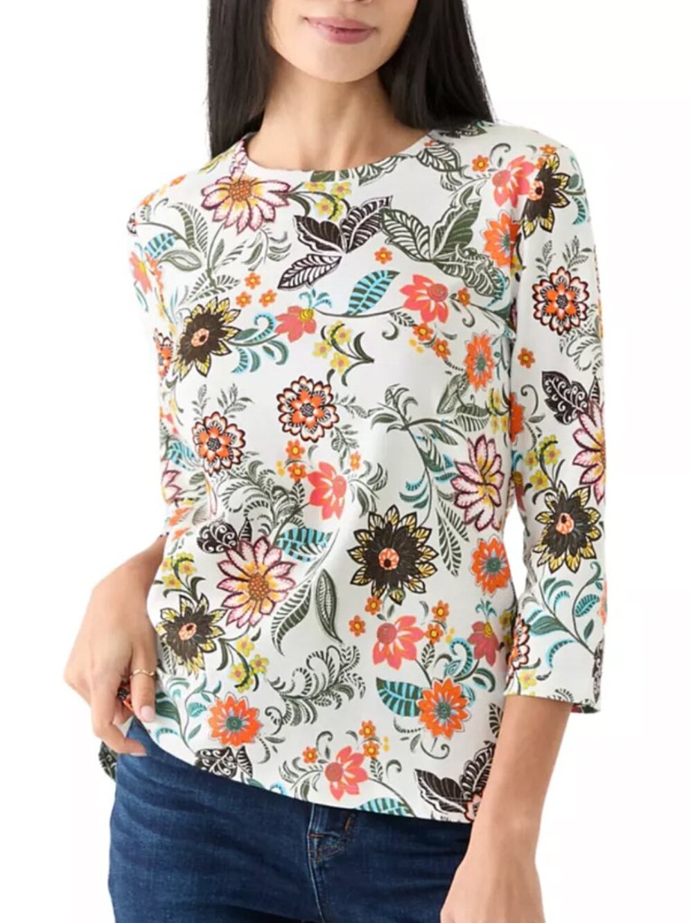 NWT Kim Rogers Petite Printed Womens Crew Neck Top 3/4 Sleeve Size PM